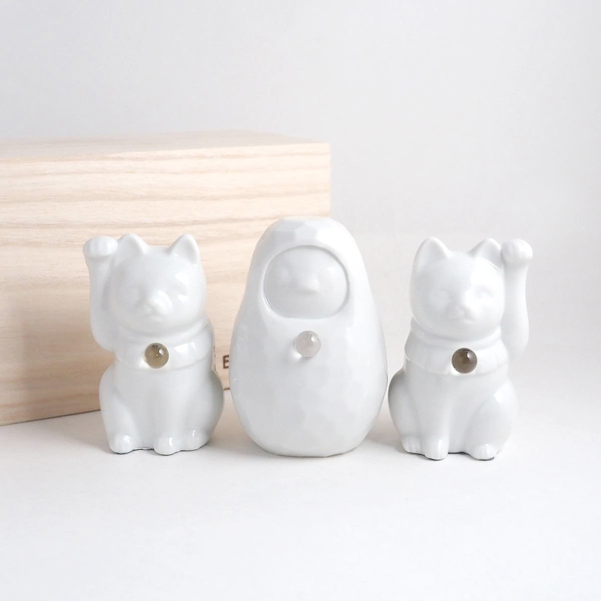 【縁起物×天然石】Jeramic開運招福セット / 招き猫×だるま / 3体セット / ギフトボックス付き / 瀬戸焼